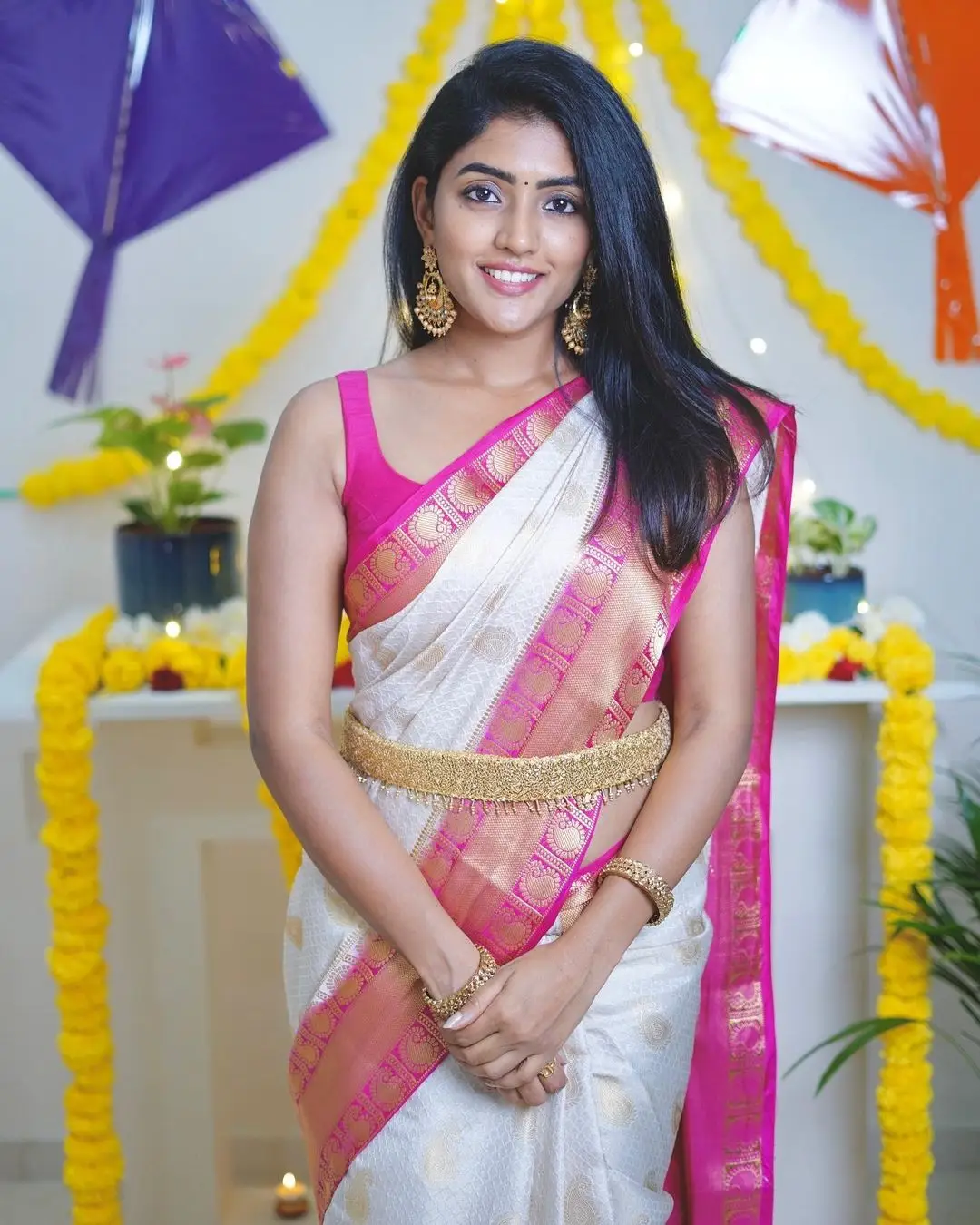 Eesha Rebba in Indian Traditional White Saree Sleeveless Pink Blouse